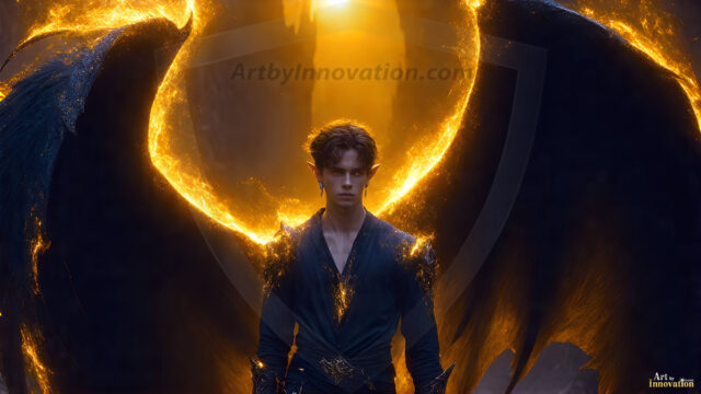 A detailed AI generated photograph featuring a beautiful handsome male angel warrior with ethereal skin and a beautiful body. Imbued with feathered wings, enormous and shimmering, a powerful warrior from the heavens. He possesses a strong, sharp jawline, chiseled muscular torso, pectorals, abs, sleek nose high cheekbones, vibrant eyes, silver earrings. With huge vibrate silver feathered wings, enormous and shimmering, with a radiant hue, reflecting light in a mesmerizing way. Here is a raw, untamed energy that emanates from him. His presence is electrifying, drawing viewers in with his captivating gaze and formidable presence. Perfect face, perfect hands.