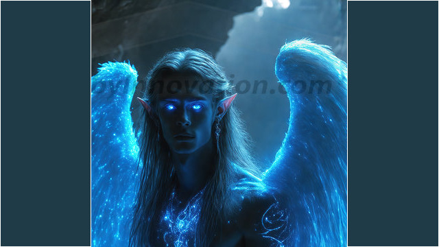 A detailed AI generated photograph featuring a beautiful handsome male angel warrior with ethereal skin and a beautiful body. Imbued with feathered wings, enormous and shimmering, a powerful warrior from the heavens. He possesses a strong, sharp jawline, chiseled muscular torso, pectorals, abs, sleek nose high cheekbones, vibrant eyes, silver earrings. With huge vibrate silver feathered wings, enormous and shimmering, with a radiant hue, reflecting light in a mesmerizing way. Here is a raw, untamed energy that emanates from him. His presence is electrifying, drawing viewers in with his captivating gaze and formidable presence. Perfect face, perfect hands.