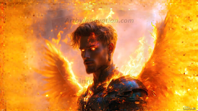 A detailed AI generated photograph featuring a beautiful handsome male angel warrior with ethereal skin and a beautiful body. Imbued with feathered wings, enormous and shimmering, a powerful warrior from the heavens. He possesses a strong, sharp jawline, chiseled muscular torso, pectorals, abs, sleek nose high cheekbones, vibrant eyes, silver earrings. With huge vibrate silver feathered wings, enormous and shimmering, with a radiant hue, reflecting light in a mesmerizing way. Here is a raw, untamed energy that emanates from him. His presence is electrifying, drawing viewers in with his captivating gaze and formidable presence. Perfect face, perfect hands.