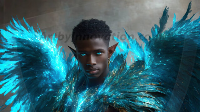 A detailed AI generated photograph featuring a beautiful handsome male angel warrior with ethereal skin and a beautiful body. Imbued with feathered wings, enormous and shimmering, a powerful warrior from the heavens. He possesses a strong, sharp jawline, chiseled muscular torso, pectorals, abs, sleek nose high cheekbones, vibrant eyes, silver earrings. With huge vibrate silver feathered wings, enormous and shimmering, with a radiant hue, reflecting light in a mesmerizing way. Here is a raw, untamed energy that emanates from him. His presence is electrifying, drawing viewers in with his captivating gaze and formidable presence. Perfect face, perfect hands.