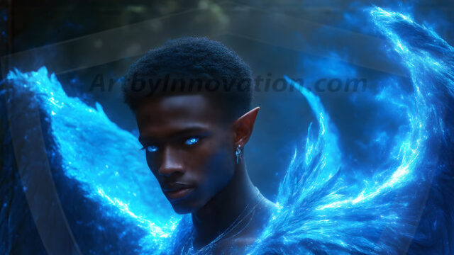 A detailed AI generated photograph featuring a beautiful handsome male angel warrior with ethereal skin and a beautiful body. Imbued with feathered wings, enormous and shimmering, a powerful warrior from the heavens. He possesses a strong, sharp jawline, chiseled muscular torso, pectorals, abs, sleek nose high cheekbones, vibrant eyes, silver earrings. With huge vibrate silver feathered wings, enormous and shimmering, with a radiant hue, reflecting light in a mesmerizing way. Here is a raw, untamed energy that emanates from him. His presence is electrifying, drawing viewers in with his captivating gaze and formidable presence. Perfect face, perfect hands.