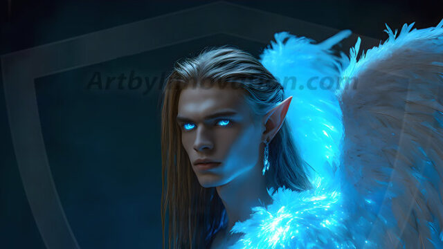A detailed AI generated photograph featuring a beautiful handsome male angel warrior with ethereal skin and a beautiful body. Imbued with feathered wings, enormous and shimmering, a powerful warrior from the heavens. He possesses a strong, sharp jawline, chiseled muscular torso, pectorals, abs, sleek nose high cheekbones, vibrant eyes, silver earrings. With huge vibrate silver feathered wings, enormous and shimmering, with a radiant hue, reflecting light in a mesmerizing way. Here is a raw, untamed energy that emanates from him. His presence is electrifying, drawing viewers in with his captivating gaze and formidable presence. Perfect face, perfect hands.