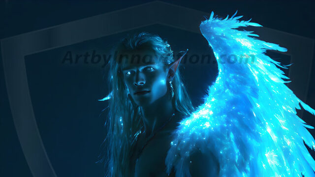 A detailed AI generated photograph featuring a beautiful handsome male angel warrior with ethereal skin and a beautiful body. Imbued with feathered wings, enormous and shimmering, a powerful warrior from the heavens. He possesses a strong, sharp jawline, chiseled muscular torso, pectorals, abs, sleek nose high cheekbones, vibrant eyes, silver earrings. With huge vibrate silver feathered wings, enormous and shimmering, with a radiant hue, reflecting light in a mesmerizing way. Here is a raw, untamed energy that emanates from him. His presence is electrifying, drawing viewers in with his captivating gaze and formidable presence. Perfect face, perfect hands.