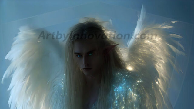 A detailed AI generated photograph featuring a beautiful handsome male angel warrior with ethereal skin and a beautiful body. Imbued with feathered wings, enormous and shimmering, a powerful warrior from the heavens. He possesses a strong, sharp jawline, chiseled muscular torso, pectorals, abs, sleek nose high cheekbones, vibrant eyes, silver earrings. With huge vibrate silver feathered wings, enormous and shimmering, with a radiant hue, reflecting light in a mesmerizing way. Here is a raw, untamed energy that emanates from him. His presence is electrifying, drawing viewers in with his captivating gaze and formidable presence. Perfect face, perfect hands.