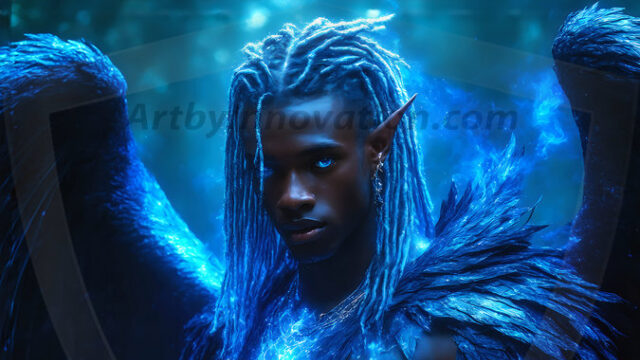 A detailed AI generated photograph featuring a beautiful handsome male angel warrior with ethereal skin and a beautiful body. Imbued with feathered wings, enormous and shimmering, a powerful warrior from the heavens. He possesses a strong, sharp jawline, chiseled muscular torso, pectorals, abs, sleek nose high cheekbones, vibrant eyes, silver earrings. With huge vibrate silver feathered wings, enormous and shimmering, with a radiant hue, reflecting light in a mesmerizing way. Here is a raw, untamed energy that emanates from him. His presence is electrifying, drawing viewers in with his captivating gaze and formidable presence. Perfect face, perfect hands.