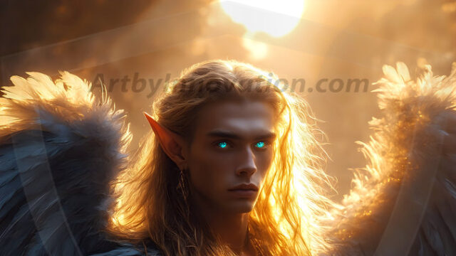 A detailed AI generated photograph featuring a beautiful handsome male angel warrior with ethereal skin and a beautiful body. Imbued with feathered wings, enormous and shimmering, a powerful warrior from the heavens. He possesses a strong, sharp jawline, chiseled muscular torso, pectorals, abs, sleek nose high cheekbones, vibrant eyes, silver earrings. With huge vibrate silver feathered wings, enormous and shimmering, with a radiant hue, reflecting light in a mesmerizing way. Here is a raw, untamed energy that emanates from him. His presence is electrifying, drawing viewers in with his captivating gaze and formidable presence. Perfect face, perfect hands.