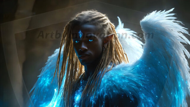 A detailed AI generated photograph featuring a beautiful handsome male angel warrior with ethereal skin and a beautiful body. Imbued with feathered wings, enormous and shimmering, a powerful warrior from the heavens. He possesses a strong, sharp jawline, chiseled muscular torso, pectorals, abs, sleek nose high cheekbones, vibrant eyes, silver earrings. With huge vibrate silver feathered wings, enormous and shimmering, with a radiant hue, reflecting light in a mesmerizing way. Here is a raw, untamed energy that emanates from him. His presence is electrifying, drawing viewers in with his captivating gaze and formidable presence. Perfect face, perfect hands.