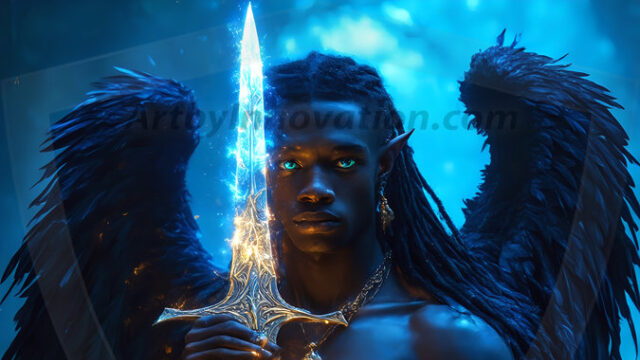 A detailed AI generated photograph featuring a beautiful handsome male angel warrior with ethereal skin and a beautiful body. Imbued with feathered wings, enormous and shimmering, a powerful warrior from the heavens. He possesses a strong, sharp jawline, chiseled muscular torso, pectorals, abs, sleek nose high cheekbones, vibrant eyes, silver earrings. With huge vibrate silver feathered wings, enormous and shimmering, with a radiant hue, reflecting light in a mesmerizing way. Here is a raw, untamed energy that emanates from him. His presence is electrifying, drawing viewers in with his captivating gaze and formidable presence. Perfect face, perfect hands.