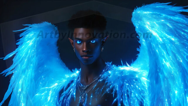 A detailed AI generated photograph featuring a beautiful handsome male angel warrior with ethereal skin and a beautiful body. Imbued with feathered wings, enormous and shimmering, a powerful warrior from the heavens. He possesses a strong, sharp jawline, chiseled muscular torso, pectorals, abs, sleek nose high cheekbones, vibrant eyes, silver earrings. With huge vibrate silver feathered wings, enormous and shimmering, with a radiant hue, reflecting light in a mesmerizing way. Here is a raw, untamed energy that emanates from him. His presence is electrifying, drawing viewers in with his captivating gaze and formidable presence. Perfect face, perfect hands.