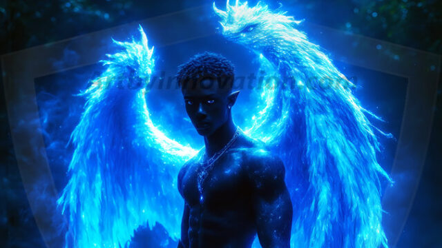 A detailed AI generated photograph featuring a beautiful handsome male angel warrior with ethereal skin and a beautiful body. Imbued with feathered wings, enormous and shimmering, a powerful warrior from the heavens. He possesses a strong, sharp jawline, chiseled muscular torso, pectorals, abs, sleek nose high cheekbones, vibrant eyes, silver earrings. With huge vibrate silver feathered wings, enormous and shimmering, with a radiant hue, reflecting light in a mesmerizing way. Here is a raw, untamed energy that emanates from him. His presence is electrifying, drawing viewers in with his captivating gaze and formidable presence. Perfect face, perfect hands.