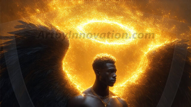 A detailed AI generated photograph featuring a beautiful handsome male angel warrior with ethereal skin and a beautiful body. Imbued with feathered wings, enormous and shimmering, a powerful warrior from the heavens. He possesses a strong, sharp jawline, chiseled muscular torso, pectorals, abs, sleek nose high cheekbones, vibrant eyes, silver earrings. With huge vibrate silver feathered wings, enormous and shimmering, with a radiant hue, reflecting light in a mesmerizing way. Here is a raw, untamed energy that emanates from him. His presence is electrifying, drawing viewers in with his captivating gaze and formidable presence. Perfect face, perfect hands.