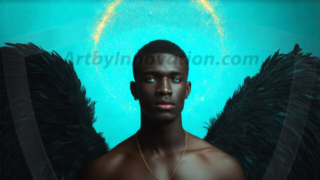 A detailed AI generated photograph featuring a beautiful handsome male angel warrior with ethereal skin and a beautiful body. Imbued with feathered wings, enormous and shimmering, a powerful warrior from the heavens. He possesses a strong, sharp jawline, chiseled muscular torso, pectorals, abs, sleek nose high cheekbones, vibrant eyes, silver earrings. With huge vibrate silver feathered wings, enormous and shimmering, with a radiant hue, reflecting light in a mesmerizing way. Here is a raw, untamed energy that emanates from him. His presence is electrifying, drawing viewers in with his captivating gaze and formidable presence. Perfect face, perfect hands.