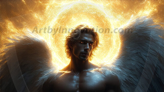 A detailed AI generated photograph featuring a beautiful handsome male angel warrior with ethereal skin and a beautiful body. Imbued with feathered wings, enormous and shimmering, a powerful warrior from the heavens. He possesses a strong, sharp jawline, chiseled muscular torso, pectorals, abs, sleek nose high cheekbones, vibrant eyes, silver earrings. With huge vibrate silver feathered wings, enormous and shimmering, with a radiant hue, reflecting light in a mesmerizing way. Here is a raw, untamed energy that emanates from him. His presence is electrifying, drawing viewers in with his captivating gaze and formidable presence. Perfect face, perfect hands.