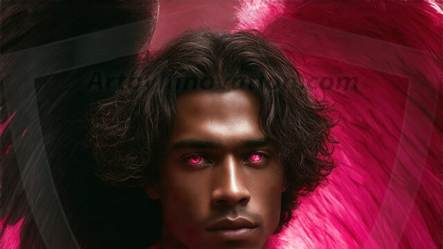 A detailed AI generated photograph featuring a beautiful handsome male angel warrior with ethereal skin and a beautiful body. Imbued with feathered wings, enormous and shimmering, a powerful warrior from the heavens. He possesses a strong, sharp jawline, chiseled muscular torso, pectorals, abs, sleek nose high cheekbones, vibrant eyes, silver earrings. With huge vibrate silver feathered wings, enormous and shimmering, with a radiant hue, reflecting light in a mesmerizing way. Here is a raw, untamed energy that emanates from him. His presence is electrifying, drawing viewers in with his captivating gaze and formidable presence. Perfect face, perfect hands.