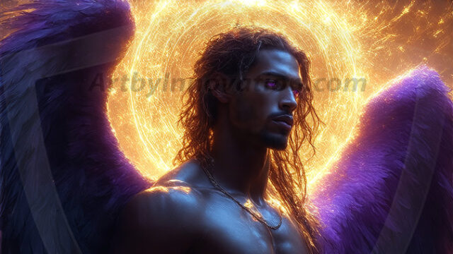 A detailed AI generated photograph featuring a beautiful handsome male angel warrior with ethereal skin and a beautiful body. Imbued with feathered wings, enormous and shimmering, a powerful warrior from the heavens. He possesses a strong, sharp jawline, chiseled muscular torso, pectorals, abs, sleek nose high cheekbones, vibrant eyes, silver earrings. With huge vibrate silver feathered wings, enormous and shimmering, with a radiant hue, reflecting light in a mesmerizing way. Here is a raw, untamed energy that emanates from him. His presence is electrifying, drawing viewers in with his captivating gaze and formidable presence. Perfect face, perfect hands.