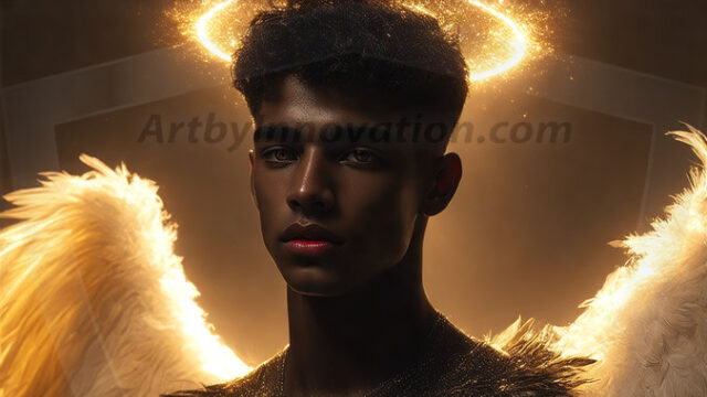 A detailed AI generated photograph featuring a beautiful handsome male angel warrior with ethereal skin and a beautiful body. Imbued with feathered wings, enormous and shimmering, a powerful warrior from the heavens. He possesses a strong, sharp jawline, chiseled muscular torso, pectorals, abs, sleek nose high cheekbones, vibrant eyes, silver earrings. With huge vibrate silver feathered wings, enormous and shimmering, with a radiant hue, reflecting light in a mesmerizing way. Here is a raw, untamed energy that emanates from him. His presence is electrifying, drawing viewers in with his captivating gaze and formidable presence. Perfect face, perfect hands.