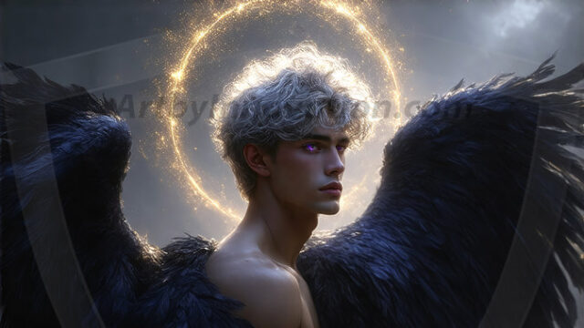 A detailed AI generated photograph featuring a beautiful handsome male angel warrior with ethereal skin and a beautiful body. Imbued with feathered wings, enormous and shimmering, a powerful warrior from the heavens. He possesses a strong, sharp jawline, chiseled muscular torso, pectorals, abs, sleek nose high cheekbones, vibrant eyes, silver earrings. With huge vibrate silver feathered wings, enormous and shimmering, with a radiant hue, reflecting light in a mesmerizing way. Here is a raw, untamed energy that emanates from him. His presence is electrifying, drawing viewers in with his captivating gaze and formidable presence. Perfect face, perfect hands.