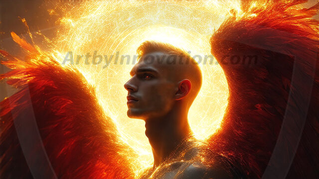 A detailed AI generated photograph featuring a beautiful handsome male angel warrior with ethereal skin and a beautiful body. Imbued with feathered wings, enormous and shimmering, a powerful warrior from the heavens. He possesses a strong, sharp jawline, chiseled muscular torso, pectorals, abs, sleek nose high cheekbones, vibrant eyes, silver earrings. With huge vibrate silver feathered wings, enormous and shimmering, with a radiant hue, reflecting light in a mesmerizing way. Here is a raw, untamed energy that emanates from him. His presence is electrifying, drawing viewers in with his captivating gaze and formidable presence. Perfect face, perfect hands.