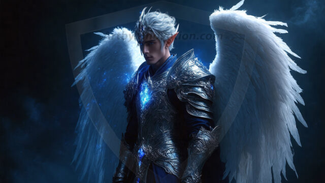 A detailed AI generated photograph featuring a beautiful handsome male angel warrior with ethereal skin and a beautiful body. Imbued with feathered wings, enormous and shimmering, a powerful warrior from the heavens. He possesses a strong, sharp jawline, chiseled muscular torso, pectorals, abs, sleek nose high cheekbones, vibrant eyes, silver earrings. With huge vibrate silver feathered wings, enormous and shimmering, with a radiant hue, reflecting light in a mesmerizing way. Here is a raw, untamed energy that emanates from him. His presence is electrifying, drawing viewers in with his captivating gaze and formidable presence. Perfect face, perfect hands.