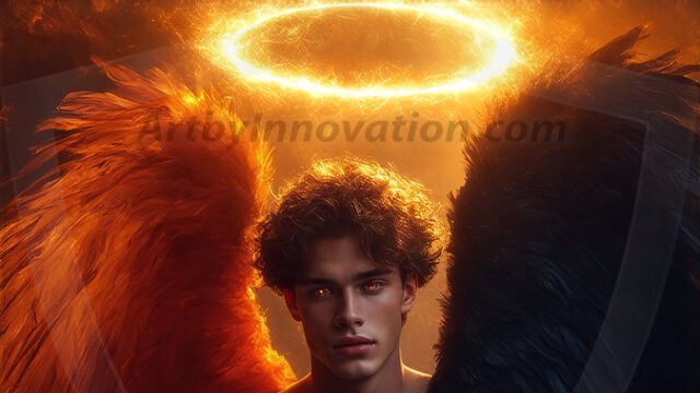 A detailed AI generated photograph featuring a beautiful handsome male angel warrior with ethereal skin and a beautiful body. Imbued with feathered wings, enormous and shimmering, a powerful warrior from the heavens. He possesses a strong, sharp jawline, chiseled muscular torso, pectorals, abs, sleek nose high cheekbones, vibrant eyes, silver earrings. With huge vibrate silver feathered wings, enormous and shimmering, with a radiant hue, reflecting light in a mesmerizing way. Here is a raw, untamed energy that emanates from him. His presence is electrifying, drawing viewers in with his captivating gaze and formidable presence. Perfect face, perfect hands.