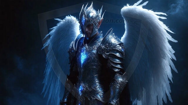 A detailed AI generated photograph featuring a beautiful handsome male angel warrior with ethereal skin and a beautiful body. Imbued with feathered wings, enormous and shimmering, a powerful warrior from the heavens. He possesses a strong, sharp jawline, chiseled muscular torso, pectorals, abs, sleek nose high cheekbones, vibrant eyes, silver earrings. With huge vibrate silver feathered wings, enormous and shimmering, with a radiant hue, reflecting light in a mesmerizing way. Here is a raw, untamed energy that emanates from him. His presence is electrifying, drawing viewers in with his captivating gaze and formidable presence. Perfect face, perfect hands.