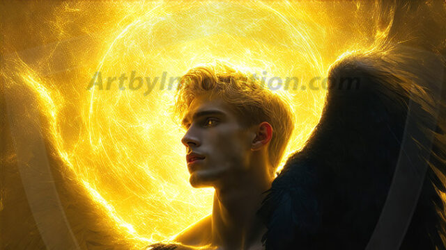 A detailed AI generated photograph featuring a beautiful handsome male angel warrior with ethereal skin and a beautiful body. Imbued with feathered wings, enormous and shimmering, a powerful warrior from the heavens. He possesses a strong, sharp jawline, chiseled muscular torso, pectorals, abs, sleek nose high cheekbones, vibrant eyes, silver earrings. With huge vibrate silver feathered wings, enormous and shimmering, with a radiant hue, reflecting light in a mesmerizing way. Here is a raw, untamed energy that emanates from him. His presence is electrifying, drawing viewers in with his captivating gaze and formidable presence. Perfect face, perfect hands.