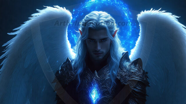 A detailed AI generated photograph featuring a beautiful handsome male angel warrior with ethereal skin and a beautiful body. Imbued with feathered wings, enormous and shimmering, a powerful warrior from the heavens. He possesses a strong, sharp jawline, chiseled muscular torso, pectorals, abs, sleek nose high cheekbones, vibrant eyes, silver earrings. With huge vibrate silver feathered wings, enormous and shimmering, with a radiant hue, reflecting light in a mesmerizing way. Here is a raw, untamed energy that emanates from him. His presence is electrifying, drawing viewers in with his captivating gaze and formidable presence. Perfect face, perfect hands.