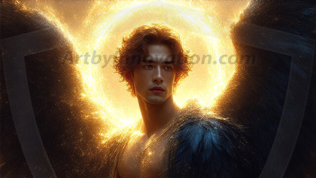 A detailed AI generated photograph featuring a beautiful handsome male angel warrior with ethereal skin and a beautiful body. Imbued with feathered wings, enormous and shimmering, a powerful warrior from the heavens. He possesses a strong, sharp jawline, chiseled muscular torso, pectorals, abs, sleek nose high cheekbones, vibrant eyes, silver earrings. With huge vibrate silver feathered wings, enormous and shimmering, with a radiant hue, reflecting light in a mesmerizing way. Here is a raw, untamed energy that emanates from him. His presence is electrifying, drawing viewers in with his captivating gaze and formidable presence. Perfect face, perfect hands.