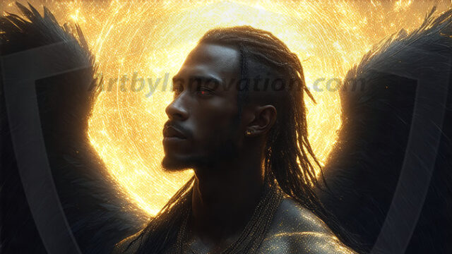 A detailed AI generated photograph featuring a beautiful handsome male angel warrior with ethereal skin and a beautiful body. Imbued with feathered wings, enormous and shimmering, a powerful warrior from the heavens. He possesses a strong, sharp jawline, chiseled muscular torso, pectorals, abs, sleek nose high cheekbones, vibrant eyes, silver earrings. With huge vibrate silver feathered wings, enormous and shimmering, with a radiant hue, reflecting light in a mesmerizing way. Here is a raw, untamed energy that emanates from him. His presence is electrifying, drawing viewers in with his captivating gaze and formidable presence. Perfect face, perfect hands.