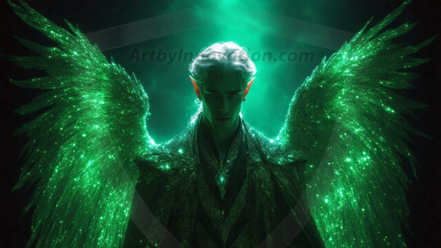 A detailed AI generated photograph featuring a beautiful handsome male angel warrior with ethereal skin and a beautiful body. Imbued with feathered wings, enormous and shimmering, a powerful warrior from the heavens. He possesses a strong, sharp jawline, chiseled muscular torso, pectorals, abs, sleek nose high cheekbones, vibrant eyes, silver earrings. With huge vibrate silver feathered wings, enormous and shimmering, with a radiant hue, reflecting light in a mesmerizing way. Here is a raw, untamed energy that emanates from him. His presence is electrifying, drawing viewers in with his captivating gaze and formidable presence. Perfect face, perfect hands.