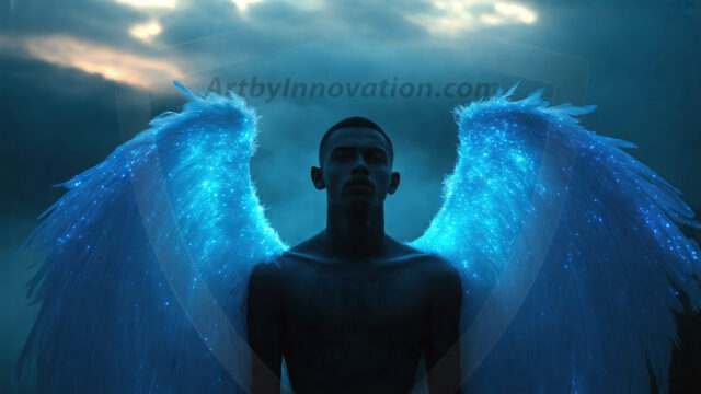 A detailed AI generated photograph featuring a beautiful handsome male angel warrior with ethereal skin and a beautiful body. Imbued with feathered wings, enormous and shimmering, a powerful warrior from the heavens. He possesses a strong, sharp jawline, chiseled muscular torso, pectorals, abs, sleek nose high cheekbones, vibrant eyes, silver earrings. With huge vibrate silver feathered wings, enormous and shimmering, with a radiant hue, reflecting light in a mesmerizing way. Here is a raw, untamed energy that emanates from him. His presence is electrifying, drawing viewers in with his captivating gaze and formidable presence. Perfect face, perfect hands.