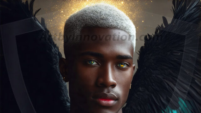 A detailed AI generated photograph featuring a beautiful handsome male angel warrior with ethereal skin and a beautiful body. Imbued with feathered wings, enormous and shimmering, a powerful warrior from the heavens. He possesses a strong, sharp jawline, chiseled muscular torso, pectorals, abs, sleek nose high cheekbones, vibrant eyes, silver earrings. With huge vibrate silver feathered wings, enormous and shimmering, with a radiant hue, reflecting light in a mesmerizing way. Here is a raw, untamed energy that emanates from him. His presence is electrifying, drawing viewers in with his captivating gaze and formidable presence. Perfect face, perfect hands.