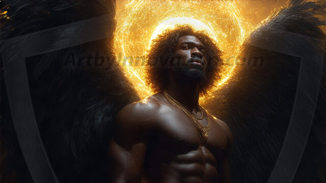 A detailed AI generated photograph featuring a beautiful handsome male angel warrior with ethereal skin and a beautiful body. Imbued with feathered wings, enormous and shimmering, a powerful warrior from the heavens. He possesses a strong, sharp jawline, chiseled muscular torso, pectorals, abs, sleek nose high cheekbones, vibrant eyes, silver earrings. With huge vibrate silver feathered wings, enormous and shimmering, with a radiant hue, reflecting light in a mesmerizing way. Here is a raw, untamed energy that emanates from him. His presence is electrifying, drawing viewers in with his captivating gaze and formidable presence. Perfect face, perfect hands.