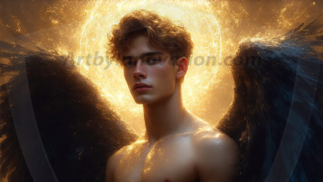 A detailed AI generated photograph featuring a beautiful handsome male angel warrior with ethereal skin and a beautiful body. Imbued with feathered wings, enormous and shimmering, a powerful warrior from the heavens. He possesses a strong, sharp jawline, chiseled muscular torso, pectorals, abs, sleek nose high cheekbones, vibrant eyes, silver earrings. With huge vibrate silver feathered wings, enormous and shimmering, with a radiant hue, reflecting light in a mesmerizing way. Here is a raw, untamed energy that emanates from him. His presence is electrifying, drawing viewers in with his captivating gaze and formidable presence. Perfect face, perfect hands.