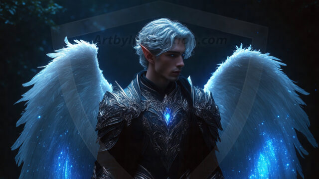 A detailed AI generated photograph featuring a beautiful handsome male angel warrior with ethereal skin and a beautiful body. Imbued with feathered wings, enormous and shimmering, a powerful warrior from the heavens. He possesses a strong, sharp jawline, chiseled muscular torso, pectorals, abs, sleek nose high cheekbones, vibrant eyes, silver earrings. With huge vibrate silver feathered wings, enormous and shimmering, with a radiant hue, reflecting light in a mesmerizing way. Here is a raw, untamed energy that emanates from him. His presence is electrifying, drawing viewers in with his captivating gaze and formidable presence. Perfect face, perfect hands.