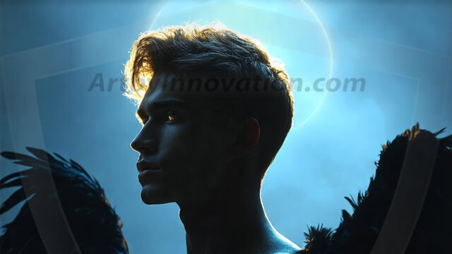 A detailed AI generated photograph featuring a beautiful handsome male angel warrior with ethereal skin and a beautiful body. Imbued with feathered wings, enormous and shimmering, a powerful warrior from the heavens. He possesses a strong, sharp jawline, chiseled muscular torso, pectorals, abs, sleek nose high cheekbones, vibrant eyes, silver earrings. With huge vibrate silver feathered wings, enormous and shimmering, with a radiant hue, reflecting light in a mesmerizing way. Here is a raw, untamed energy that emanates from him. His presence is electrifying, drawing viewers in with his captivating gaze and formidable presence. Perfect face, perfect hands.