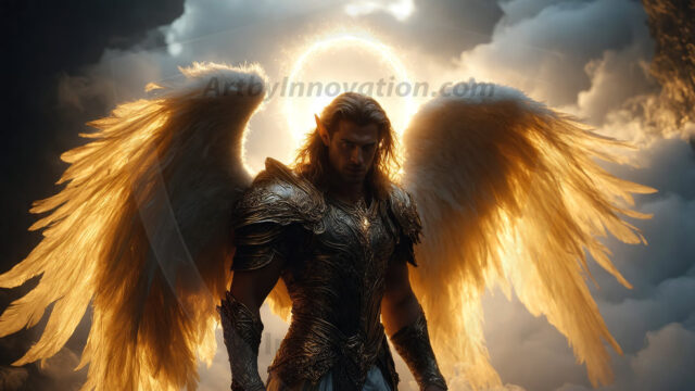 A detailed AI generated photograph featuring a beautiful handsome male angel warrior with ethereal skin and a beautiful body. Imbued with feathered wings, enormous and shimmering, a powerful warrior from the heavens. He possesses a strong, sharp jawline, chiseled muscular torso, pectorals, abs, sleek nose high cheekbones, vibrant eyes, silver earrings. With huge vibrate silver feathered wings, enormous and shimmering, with a radiant hue, reflecting light in a mesmerizing way. Here is a raw, untamed energy that emanates from him. His presence is electrifying, drawing viewers in with his captivating gaze and formidable presence. Perfect face, perfect hands.