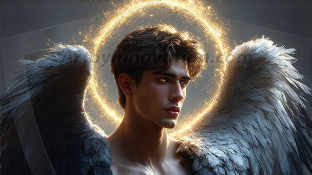A detailed AI generated photograph featuring a beautiful handsome male angel warrior with ethereal skin and a beautiful body. Imbued with feathered wings, enormous and shimmering, a powerful warrior from the heavens. He possesses a strong, sharp jawline, chiseled muscular torso, pectorals, abs, sleek nose high cheekbones, vibrant eyes, silver earrings. With huge vibrate silver feathered wings, enormous and shimmering, with a radiant hue, reflecting light in a mesmerizing way. Here is a raw, untamed energy that emanates from him. His presence is electrifying, drawing viewers in with his captivating gaze and formidable presence. Perfect face, perfect hands.