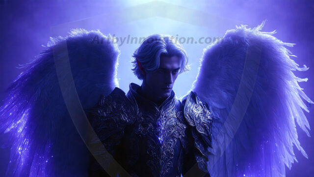 A detailed AI generated photograph featuring a beautiful handsome male angel warrior with ethereal skin and a beautiful body. Imbued with feathered wings, enormous and shimmering, a powerful warrior from the heavens. He possesses a strong, sharp jawline, chiseled muscular torso, pectorals, abs, sleek nose high cheekbones, vibrant eyes, silver earrings. With huge vibrate silver feathered wings, enormous and shimmering, with a radiant hue, reflecting light in a mesmerizing way. Here is a raw, untamed energy that emanates from him. His presence is electrifying, drawing viewers in with his captivating gaze and formidable presence. Perfect face, perfect hands.