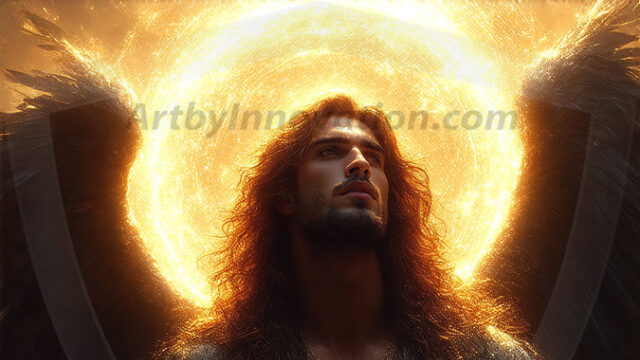 A detailed AI generated photograph featuring a beautiful handsome male angel warrior with ethereal skin and a beautiful body. Imbued with feathered wings, enormous and shimmering, a powerful warrior from the heavens. He possesses a strong, sharp jawline, chiseled muscular torso, pectorals, abs, sleek nose high cheekbones, vibrant eyes, silver earrings. With huge vibrate silver feathered wings, enormous and shimmering, with a radiant hue, reflecting light in a mesmerizing way. Here is a raw, untamed energy that emanates from him. His presence is electrifying, drawing viewers in with his captivating gaze and formidable presence. Perfect face, perfect hands.