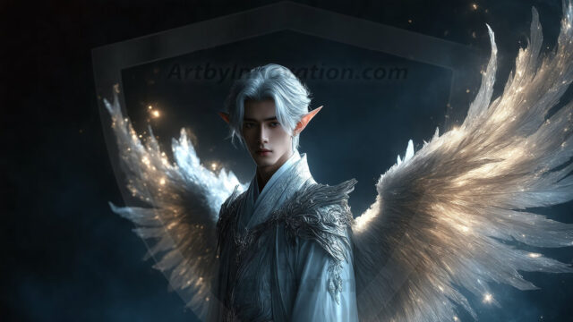 A detailed AI generated photograph featuring a beautiful handsome male angel warrior with ethereal skin and a beautiful body. Imbued with feathered wings, enormous and shimmering, a powerful warrior from the heavens. He possesses a strong, sharp jawline, chiseled muscular torso, pectorals, abs, sleek nose high cheekbones, vibrant eyes, silver earrings. With huge vibrate silver feathered wings, enormous and shimmering, with a radiant hue, reflecting light in a mesmerizing way. Here is a raw, untamed energy that emanates from him. His presence is electrifying, drawing viewers in with his captivating gaze and formidable presence. Perfect face, perfect hands.