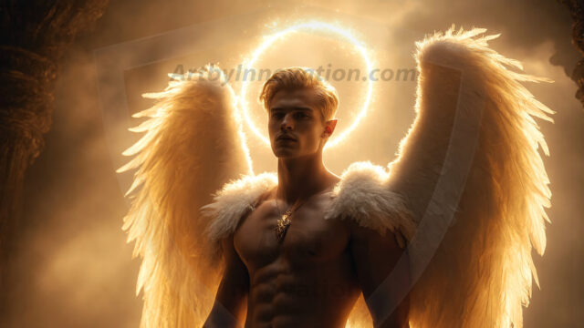 A detailed AI generated photograph featuring a beautiful handsome male angel warrior with ethereal skin and a beautiful body. Imbued with feathered wings, enormous and shimmering, a powerful warrior from the heavens. He possesses a strong, sharp jawline, chiseled muscular torso, pectorals, abs, sleek nose high cheekbones, vibrant eyes, silver earrings. With huge vibrate silver feathered wings, enormous and shimmering, with a radiant hue, reflecting light in a mesmerizing way. Here is a raw, untamed energy that emanates from him. His presence is electrifying, drawing viewers in with his captivating gaze and formidable presence. Perfect face, perfect hands.