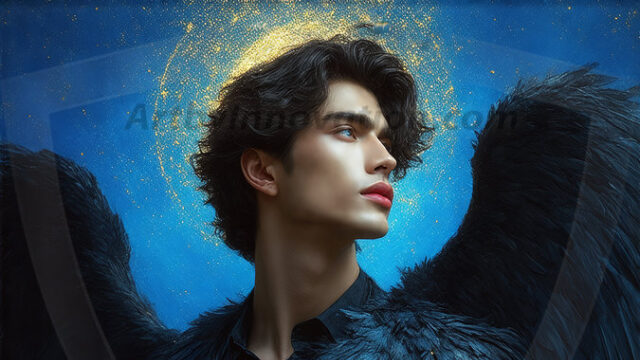 A detailed AI generated photograph featuring a beautiful handsome male angel warrior with ethereal skin and a beautiful body. Imbued with feathered wings, enormous and shimmering, a powerful warrior from the heavens. He possesses a strong, sharp jawline, chiseled muscular torso, pectorals, abs, sleek nose high cheekbones, vibrant eyes, silver earrings. With huge vibrate silver feathered wings, enormous and shimmering, with a radiant hue, reflecting light in a mesmerizing way. Here is a raw, untamed energy that emanates from him. His presence is electrifying, drawing viewers in with his captivating gaze and formidable presence. Perfect face, perfect hands.