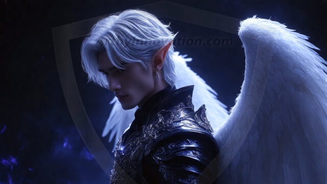 A detailed AI generated photograph featuring a beautiful handsome male angel warrior with ethereal skin and a beautiful body. Imbued with feathered wings, enormous and shimmering, a powerful warrior from the heavens. He possesses a strong, sharp jawline, chiseled muscular torso, pectorals, abs, sleek nose high cheekbones, vibrant eyes, silver earrings. With huge vibrate silver feathered wings, enormous and shimmering, with a radiant hue, reflecting light in a mesmerizing way. Here is a raw, untamed energy that emanates from him. His presence is electrifying, drawing viewers in with his captivating gaze and formidable presence. Perfect face, perfect hands.