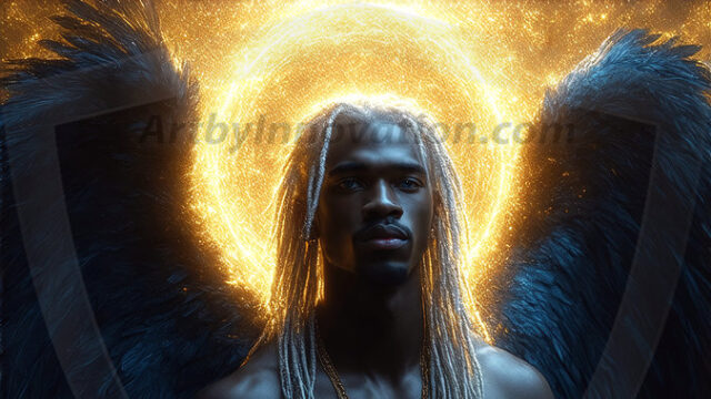 A detailed AI generated photograph featuring a beautiful handsome male angel warrior with ethereal skin and a beautiful body. Imbued with feathered wings, enormous and shimmering, a powerful warrior from the heavens. He possesses a strong, sharp jawline, chiseled muscular torso, pectorals, abs, sleek nose high cheekbones, vibrant eyes, silver earrings. With huge vibrate silver feathered wings, enormous and shimmering, with a radiant hue, reflecting light in a mesmerizing way. Here is a raw, untamed energy that emanates from him. His presence is electrifying, drawing viewers in with his captivating gaze and formidable presence. Perfect face, perfect hands.