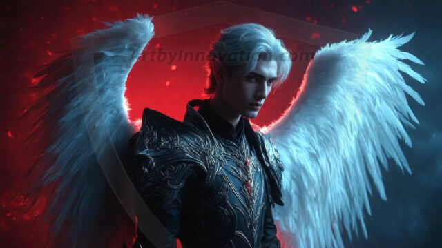 A detailed AI generated photograph featuring a beautiful handsome male angel warrior with ethereal skin and a beautiful body. Imbued with feathered wings, enormous and shimmering, a powerful warrior from the heavens. He possesses a strong, sharp jawline, chiseled muscular torso, pectorals, abs, sleek nose high cheekbones, vibrant eyes, silver earrings. With huge vibrate silver feathered wings, enormous and shimmering, with a radiant hue, reflecting light in a mesmerizing way. Here is a raw, untamed energy that emanates from him. His presence is electrifying, drawing viewers in with his captivating gaze and formidable presence. Perfect face, perfect hands.