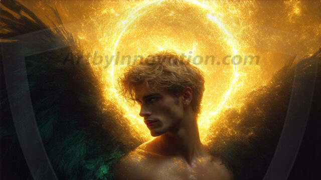 A detailed AI generated photograph featuring a beautiful handsome male angel warrior with ethereal skin and a beautiful body. Imbued with feathered wings, enormous and shimmering, a powerful warrior from the heavens. He possesses a strong, sharp jawline, chiseled muscular torso, pectorals, abs, sleek nose high cheekbones, vibrant eyes, silver earrings. With huge vibrate silver feathered wings, enormous and shimmering, with a radiant hue, reflecting light in a mesmerizing way. Here is a raw, untamed energy that emanates from him. His presence is electrifying, drawing viewers in with his captivating gaze and formidable presence. Perfect face, perfect hands.