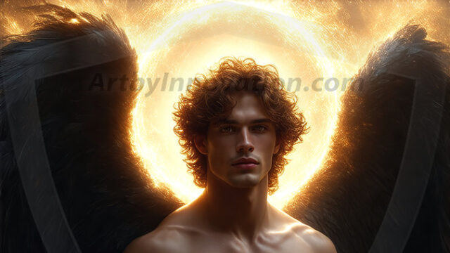 A detailed AI generated photograph featuring a beautiful handsome male angel warrior with ethereal skin and a beautiful body. Imbued with feathered wings, enormous and shimmering, a powerful warrior from the heavens. He possesses a strong, sharp jawline, chiseled muscular torso, pectorals, abs, sleek nose high cheekbones, vibrant eyes, silver earrings. With huge vibrate silver feathered wings, enormous and shimmering, with a radiant hue, reflecting light in a mesmerizing way. Here is a raw, untamed energy that emanates from him. His presence is electrifying, drawing viewers in with his captivating gaze and formidable presence. Perfect face, perfect hands.