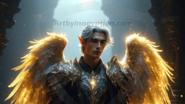 A detailed AI generated photograph featuring a beautiful handsome male angel warrior with ethereal skin and a beautiful body. Imbued with feathered wings, enormous and shimmering, a powerful warrior from the heavens. He possesses a strong, sharp jawline, chiseled muscular torso, pectorals, abs, sleek nose high cheekbones, vibrant eyes, silver earrings. With huge vibrate silver feathered wings, enormous and shimmering, with a radiant hue, reflecting light in a mesmerizing way. Here is a raw, untamed energy that emanates from him. His presence is electrifying, drawing viewers in with his captivating gaze and formidable presence. Perfect face, perfect hands.