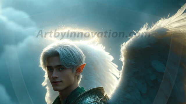 A detailed AI generated photograph featuring a beautiful handsome male angel warrior with ethereal skin and a beautiful body. Imbued with feathered wings, enormous and shimmering, a powerful warrior from the heavens. He possesses a strong, sharp jawline, chiseled muscular torso, pectorals, abs, sleek nose high cheekbones, vibrant eyes, silver earrings. With huge vibrate silver feathered wings, enormous and shimmering, with a radiant hue, reflecting light in a mesmerizing way. Here is a raw, untamed energy that emanates from him. His presence is electrifying, drawing viewers in with his captivating gaze and formidable presence. Perfect face, perfect hands.